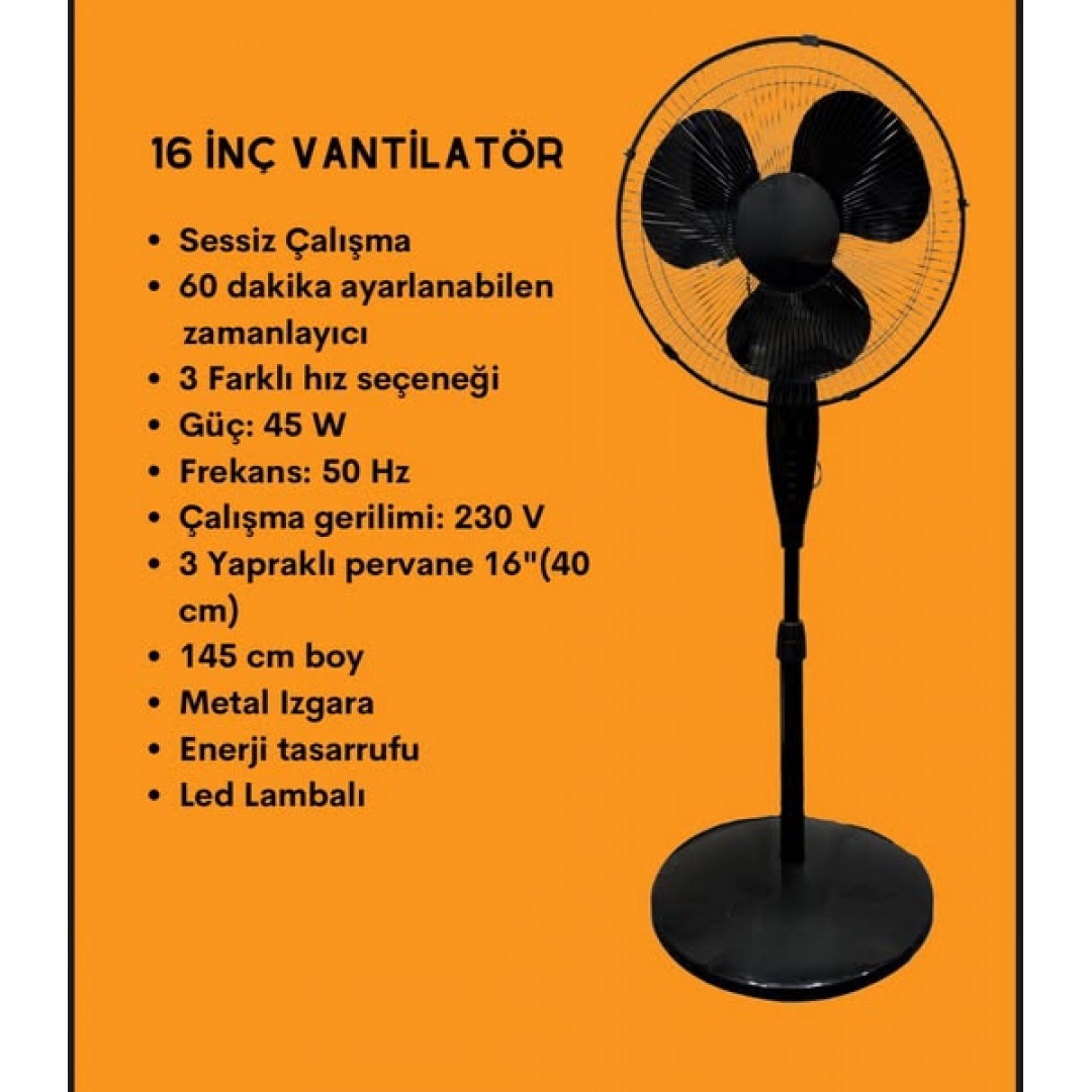 16 inç Vantilatör Fan Pervane Siyah