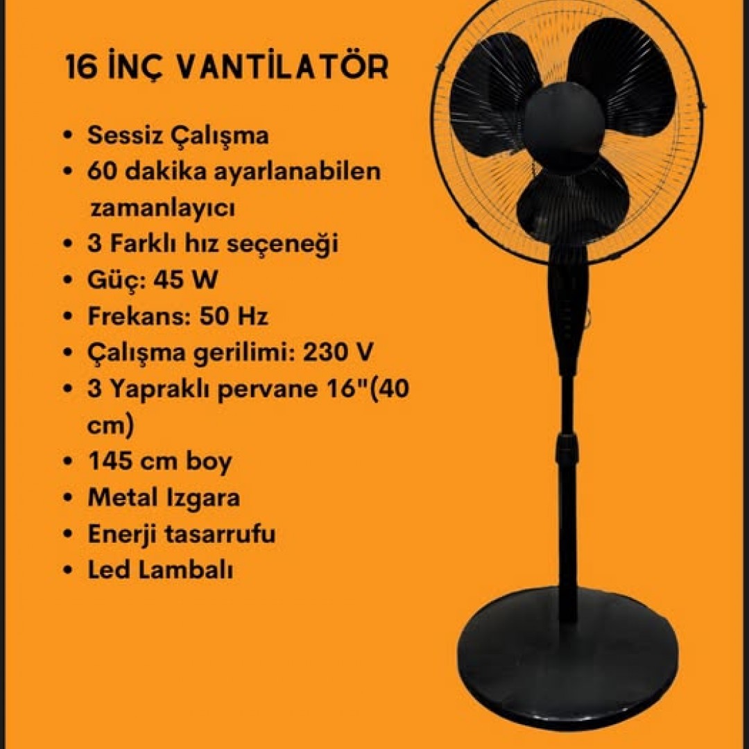 16 inç Vantilatör Fan Pervane Siyah