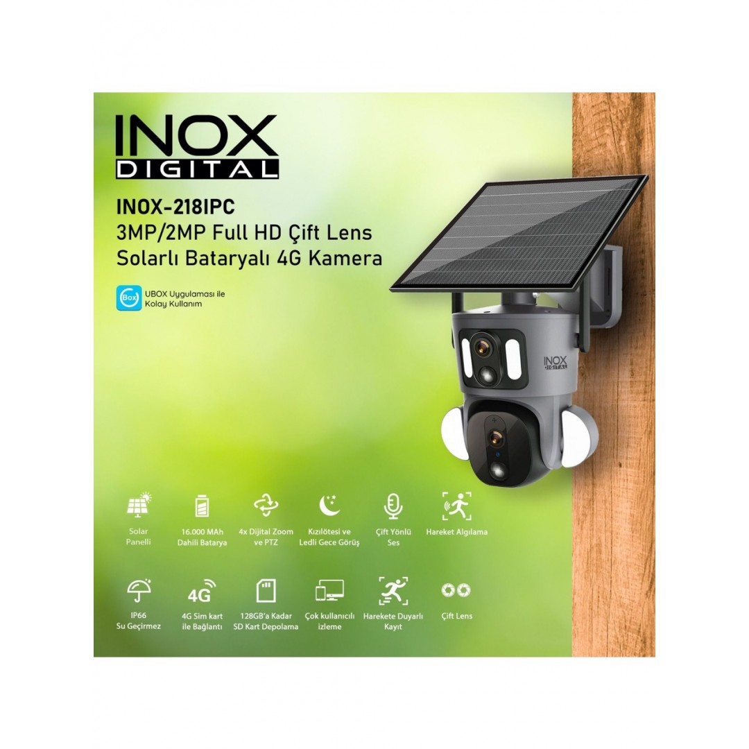 Inox INOX-224 3+3 MP Dual Lens 4G Solar Sim Kartlı IP Kamera | Güneş Enerjili, PIR Sensör, Çift Yönlü Ses