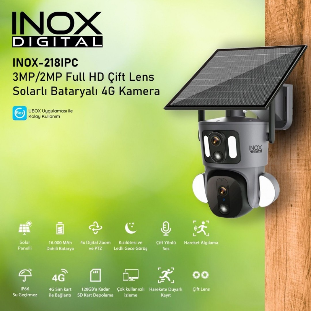 Inox INOX-224 3+3 MP Dual Lens 4G Solar Sim Kartlı IP Kamera | Güneş Enerjili, PIR Sensör, Çift Yönlü Ses