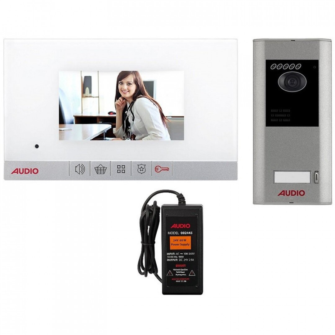 AUDIO Villa Set Beyaz 4,3" TFT Renkli OSD Menü, Mekanik Butonlu, Handsfree Zil Paneli